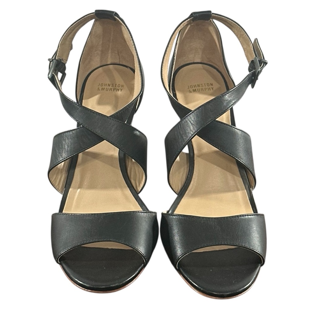 Johnston & Murphy 9 Nikki Cross-Strap Leather Heel Formal Black Strappy - Picture 2 of 8